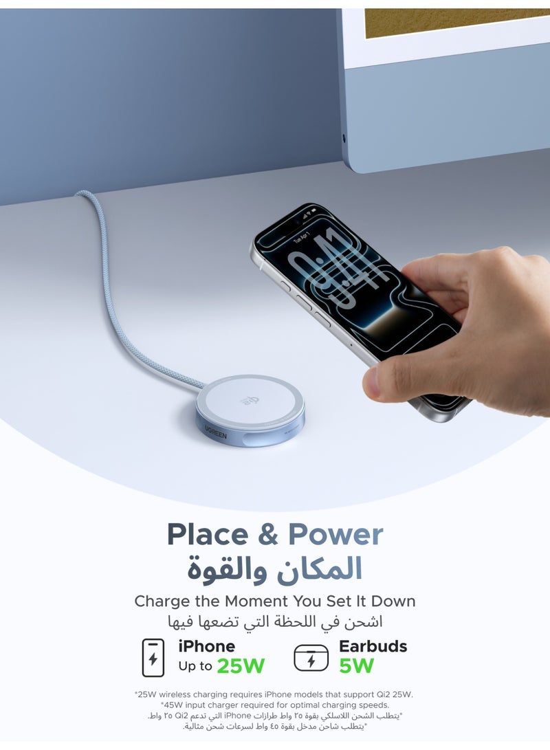 يو جرين 2025 وسادة شحن لاسلكي Qi2 بقوة 25 واط، كابل USB-C مضفر بطول 1.5 متر، شاحن ماغ سيف سريع محمول لهاتف آيفون 17 برو ماكس وسلسلة 16-12، وإيربودز 4 و3 وبرو وبرو 2، مع مغناطيس قوي وحماية متعددة 25W PAD - Image 4